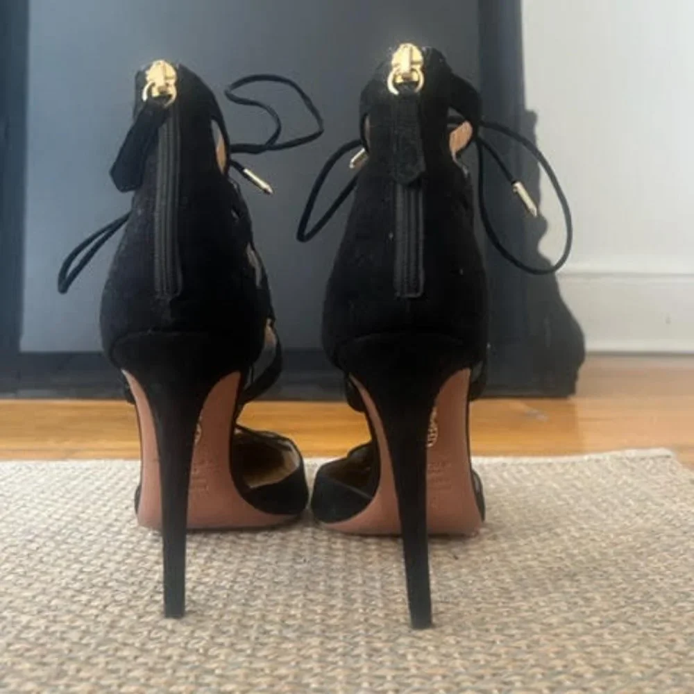 AQUAZZURA Belgravia Suede Black Strappy Heels Stiletto - BRAND NEW NEVER WORN - Picture 14 of 15